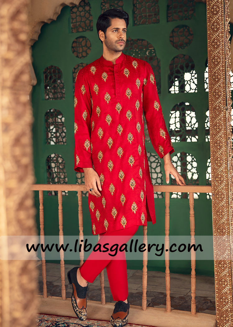 Crimson Embroidered kurta for Eid and Mehndi Event