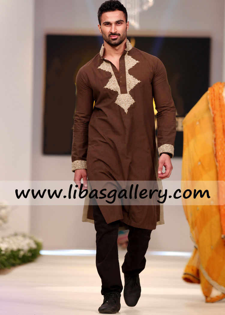 Brown Embroidered kurta for eid prayer and wedding work on collar front cuff with pajama london glasgow uk