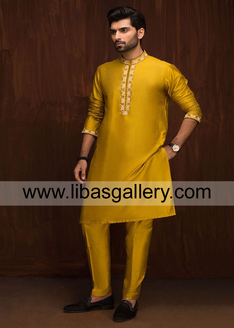 sharp color greenish yellow kurta pajama article for gents to wear on eid and mehndi day shop online dubai saudi arabia toronto