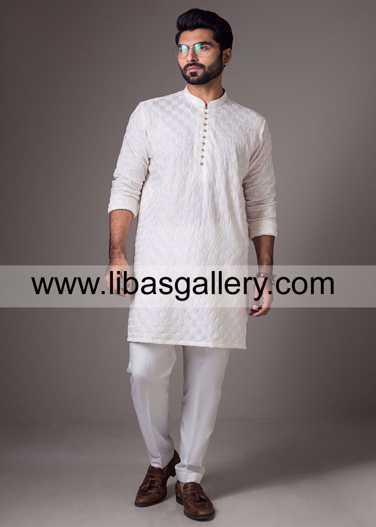 white chikan kurta pajama for stylish male available in small medium large and XL size for eid uk usa canada