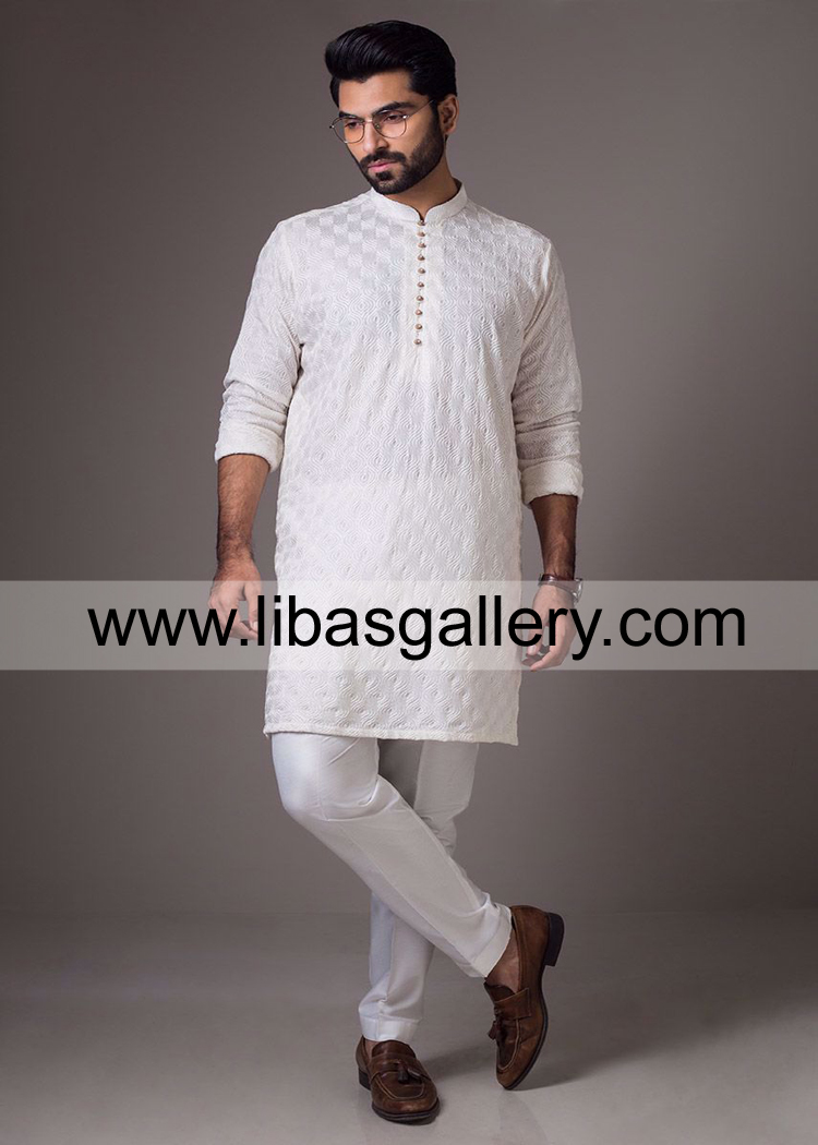 white chikan kurta pajama for stylish male