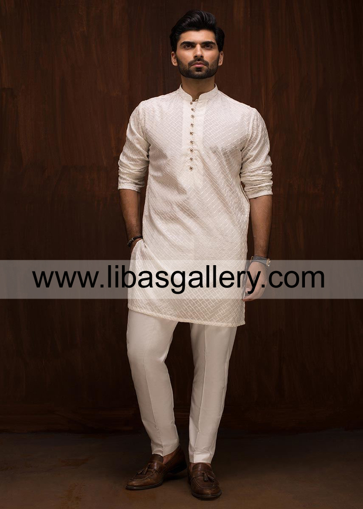 off white kurta pajama suit for young boys eid