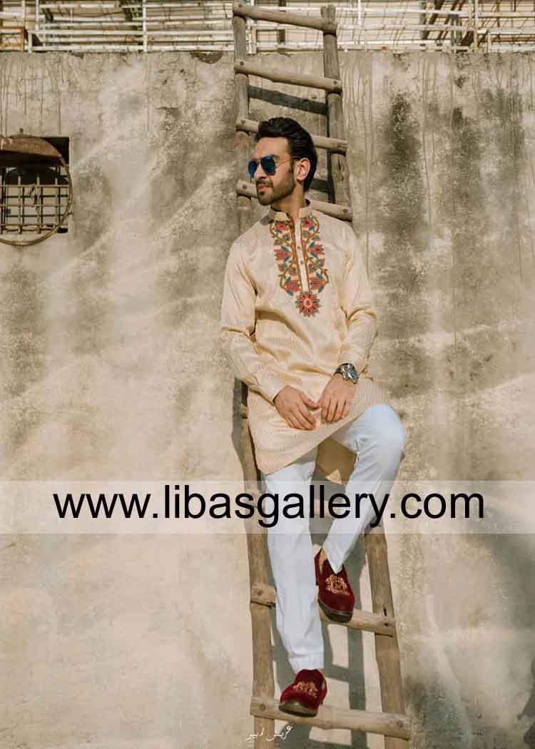 colorful embroidery on gents kurta by maroon green golden thread best for stylish man and corporate boss uk usa canada