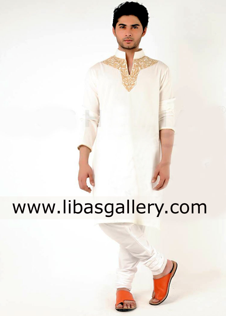Gold Embroidery white kurta with churidar pajama for gents custom made fast delivery worldwide jeddah riyadh saudi arabia