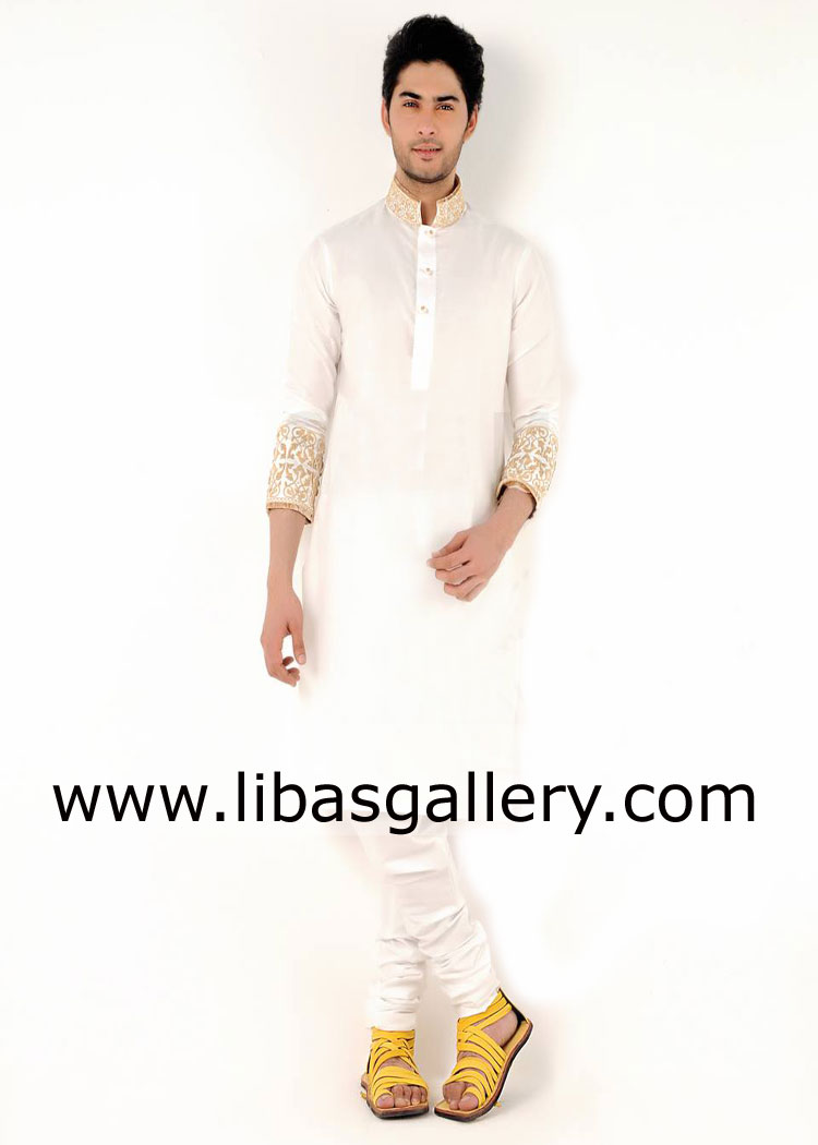 Gold embroidered white gents kurta for business man groom