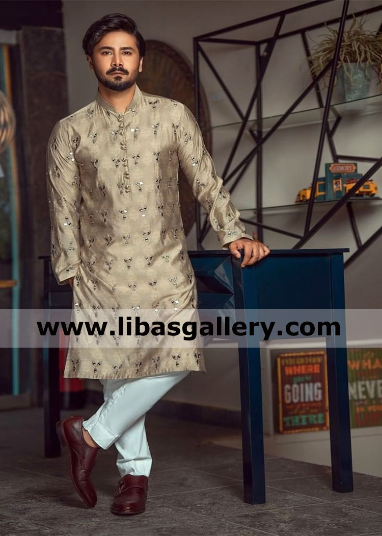 tv actor ali abbas showing famous brand embroidred eid and mehndi event kurta for gents custom made worldwide delivery to uk usa canada
