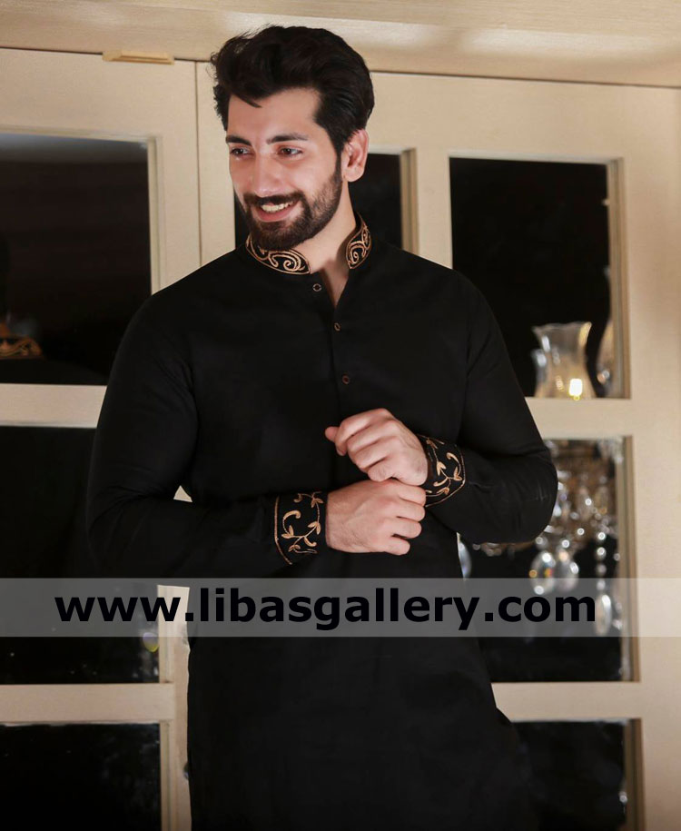 black embroidered kurta for happy married man