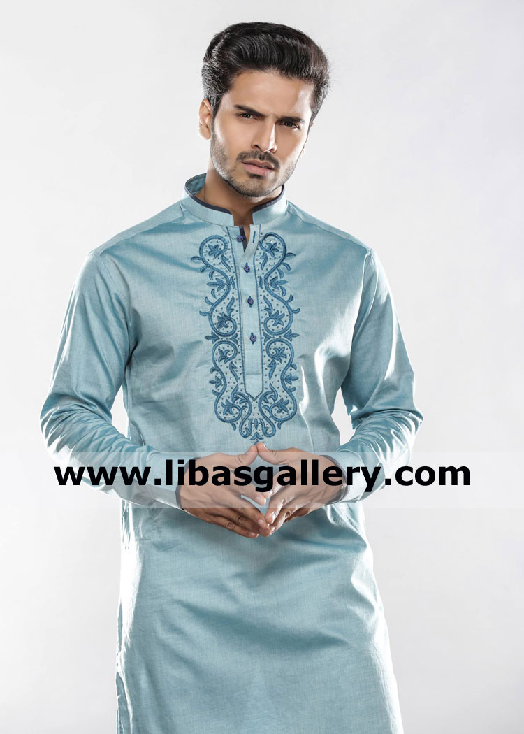 sky blue designer kurta pajama for gents to wear on eid and other events like friend wedding ramzan iftar etc europe asia america