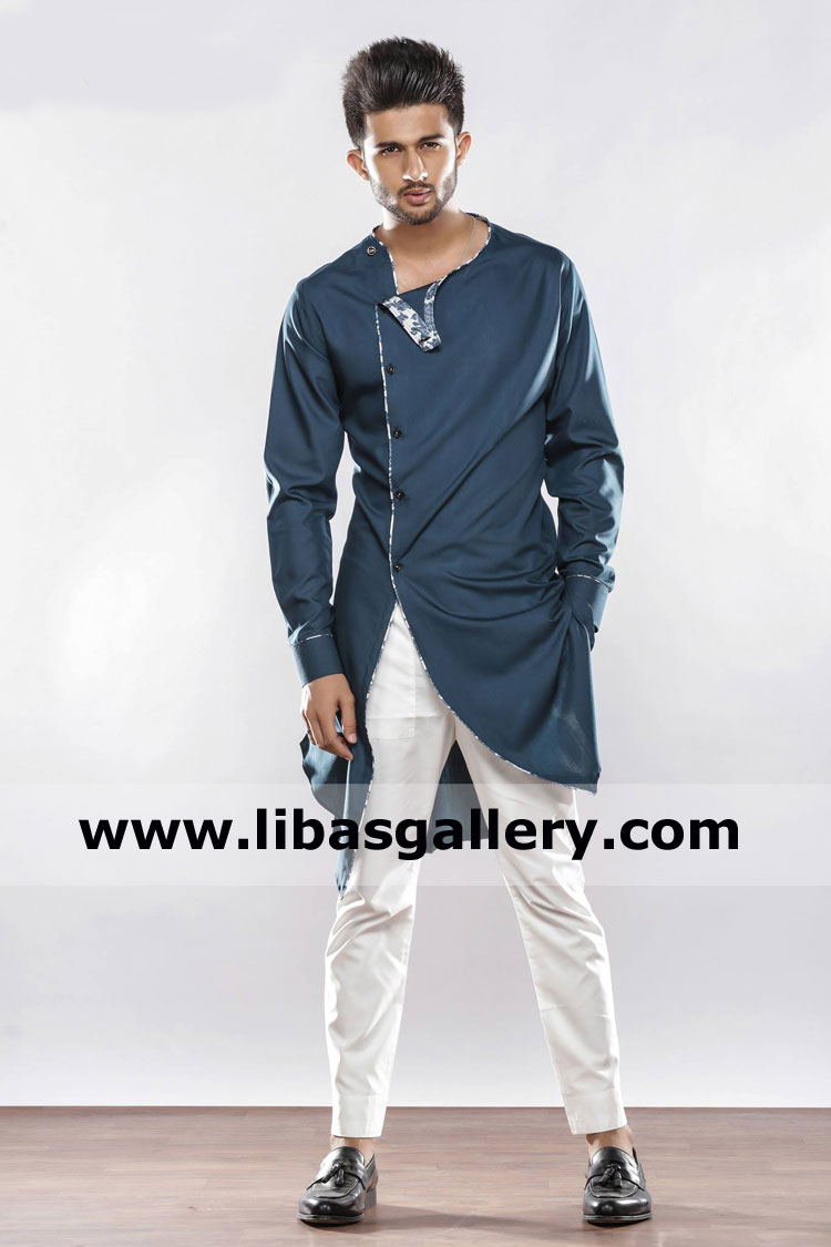 latest dark blue angrakha style classic kurta for male