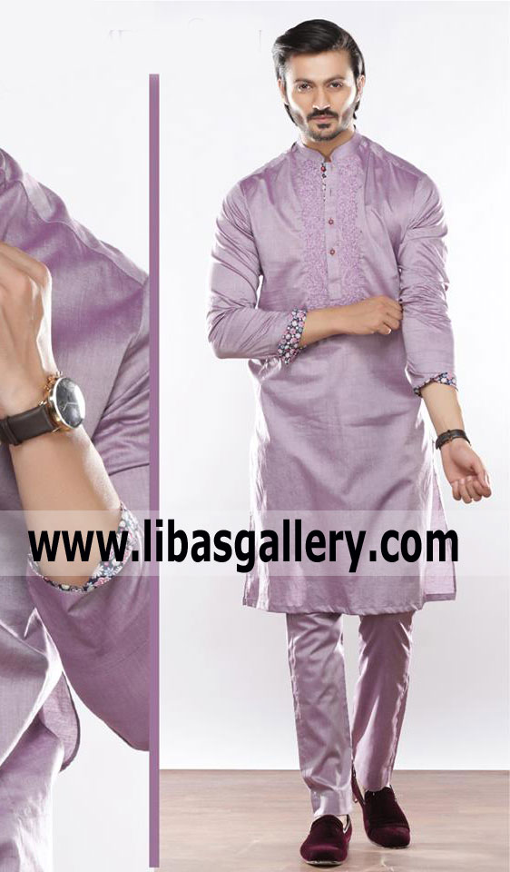 Embroidered kurta for gents in purple color shade family with same color pajama small medium large XL sizes shop online dubai norway new zealand