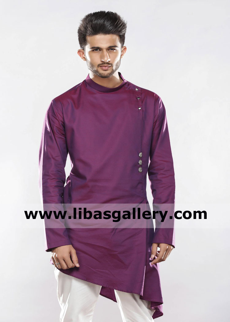 wash and wear stylish cut angrakha style kurta magenta color with white slim fit pajama for male and boys order online london southhall birmingham uk