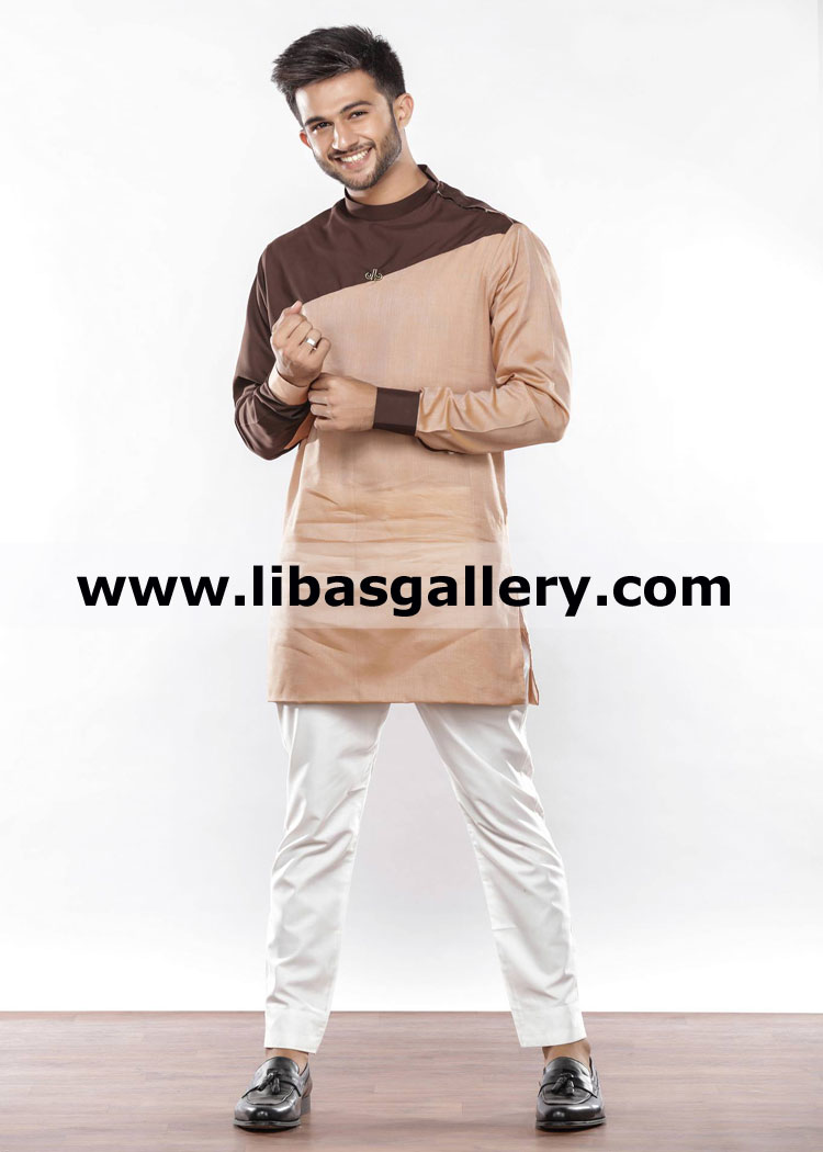 dual color high neck style kurta for male and boys brown fawn with white pajama regular fit and slim fit toronto montreal canada