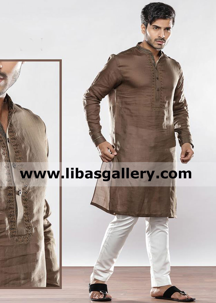 brown color gents kurta with same color embroidery on front and collar custom stitching shop online washington london uk usa