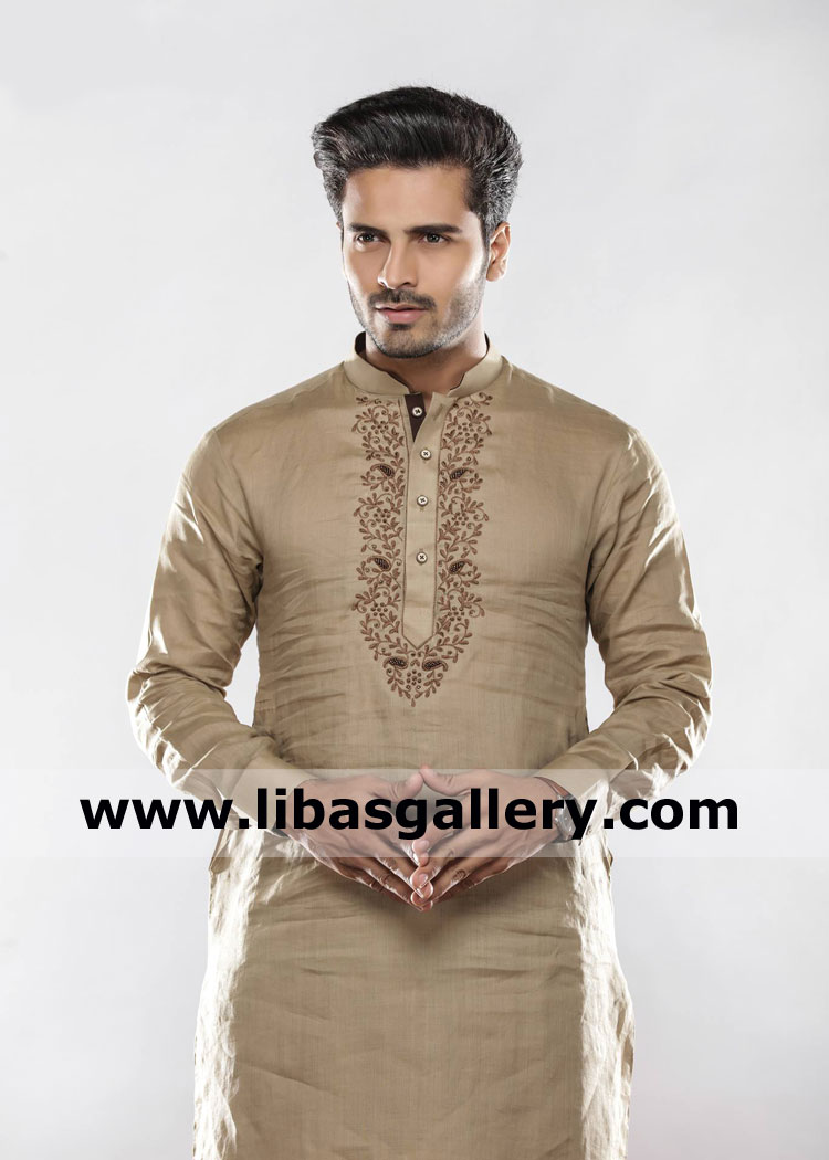 beige kurta embroidered for mehndi and family gathering