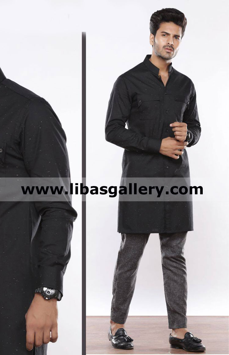 Bespoke Black kurta for gents with slim fit stylish pajama