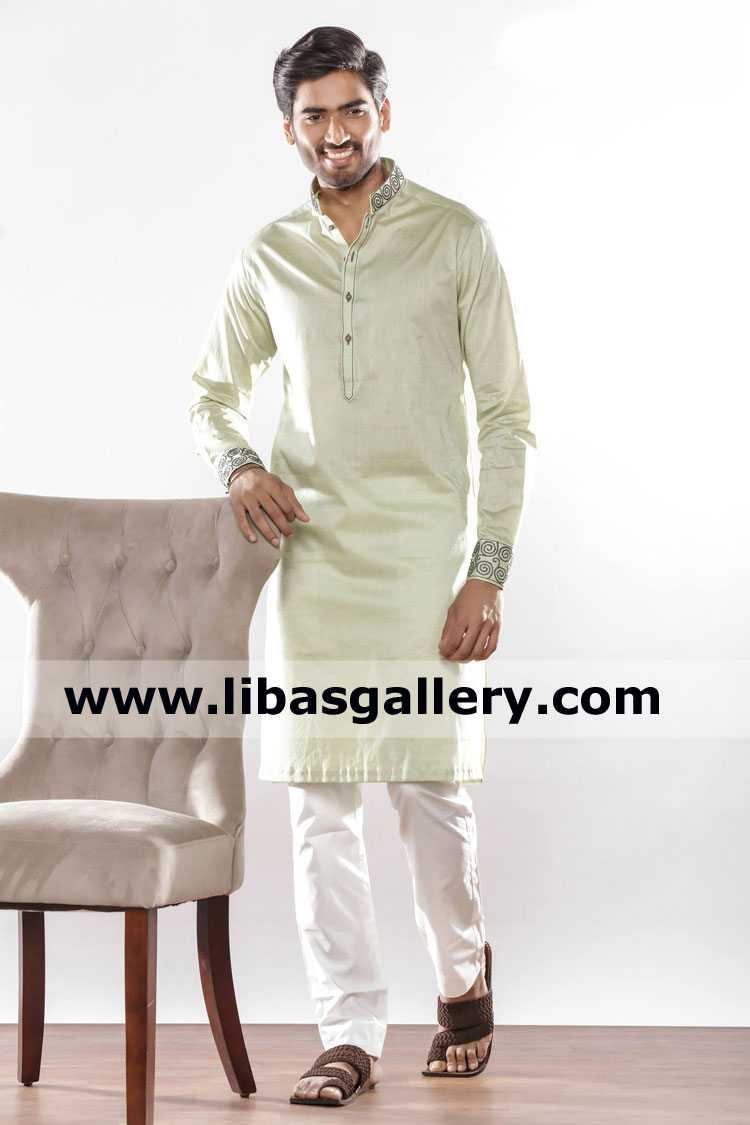 light green gents embroidered kurta for mehndi and occasion