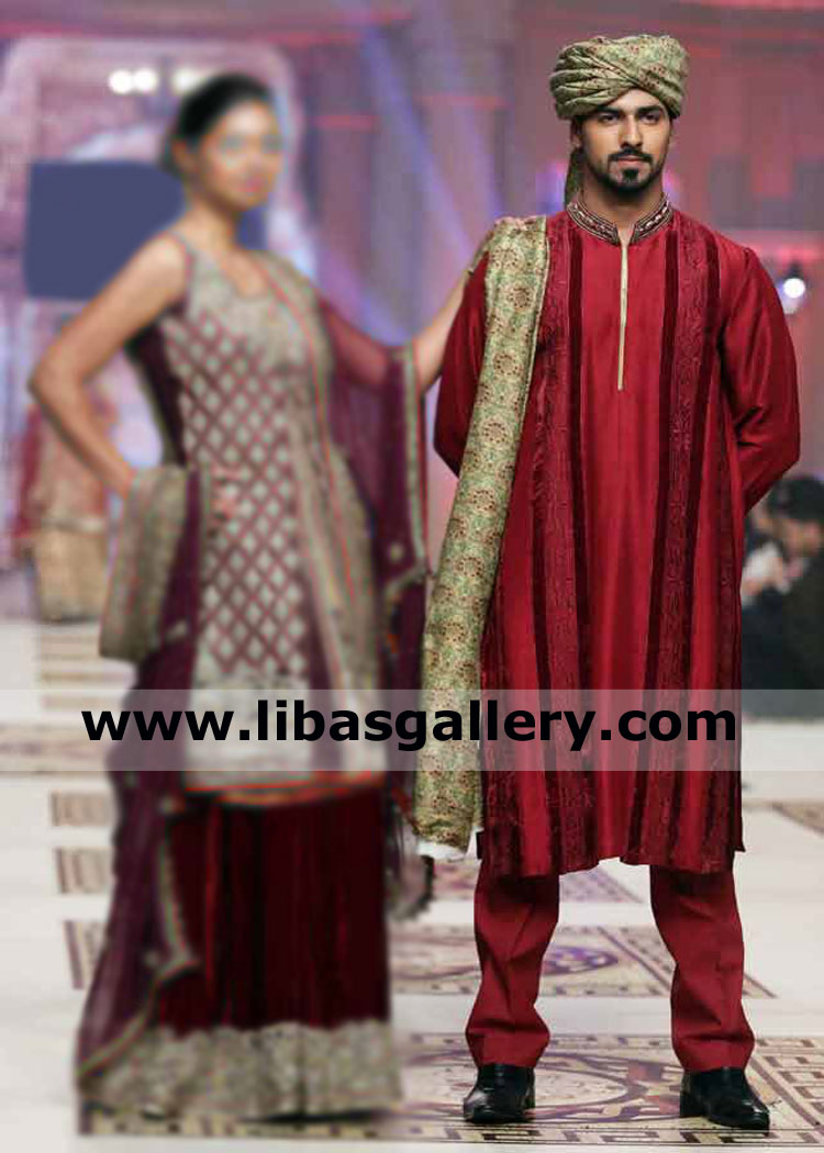 red maroon embroidered stylish kurta pajama suit and pretied safa on additional price best kurta for home based nikah wedding event uk usa canada