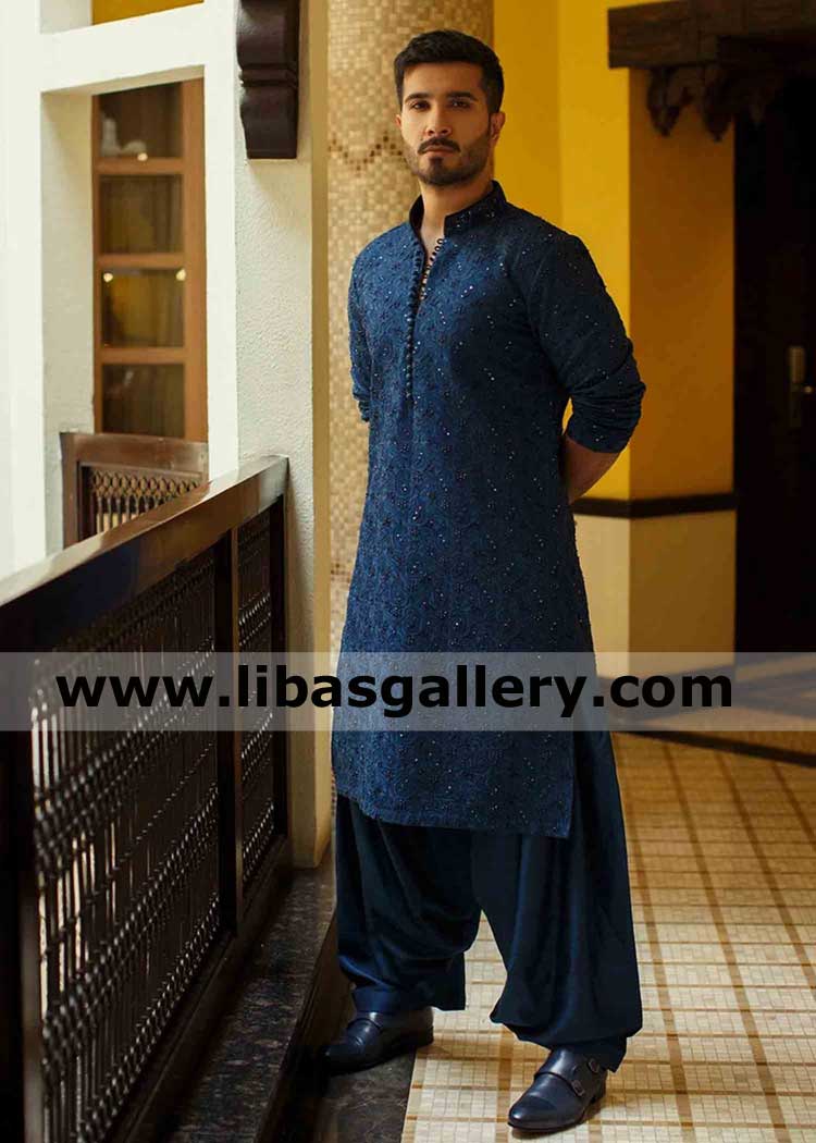 Latest stylish Pakistani slim fit embroidered kurta series button and shalwar