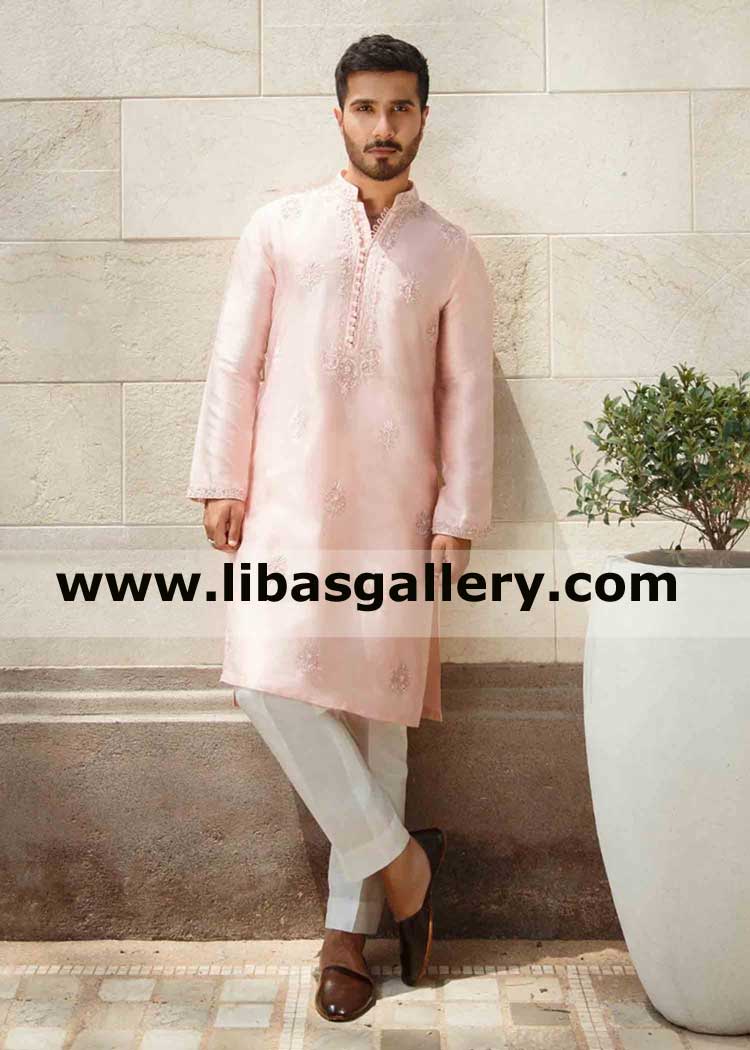 feroze khan actor in Pink Embroidered slim fit gents kurta for mehndi and special occasion white pajama included australia sweden south africa