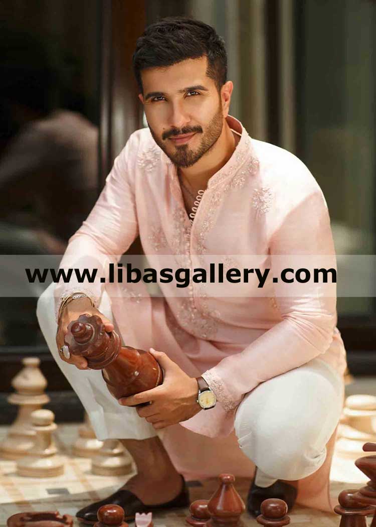 Pink Embroidered slim fit gents kurta for mehndi and special occasion