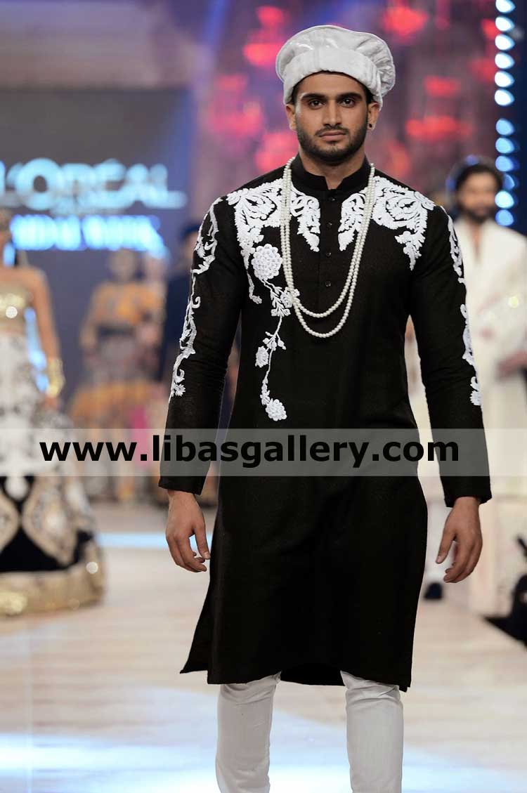 Black gents kurta white embroidery heavy on front sleeves