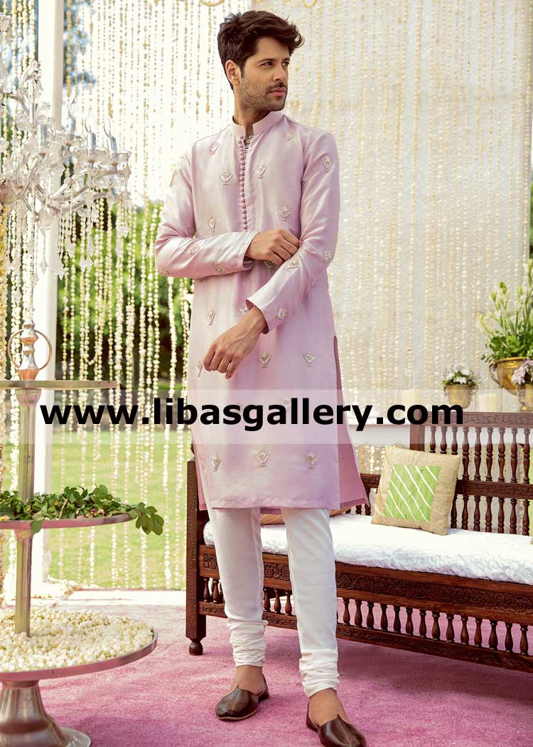 Fuchsia kurta embroidered for man with loop buttons neckline