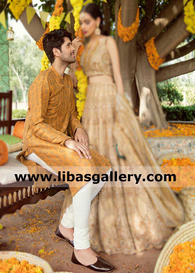 Ethnic Wear marigold gents kurta for special occasion