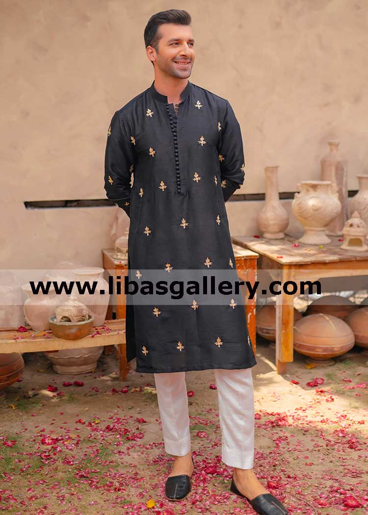 Black raw silk Traditional Flower Motif Embroidered Men Kurta for wedding party event cultural time paired with pajama new york city california sugarland texas usa