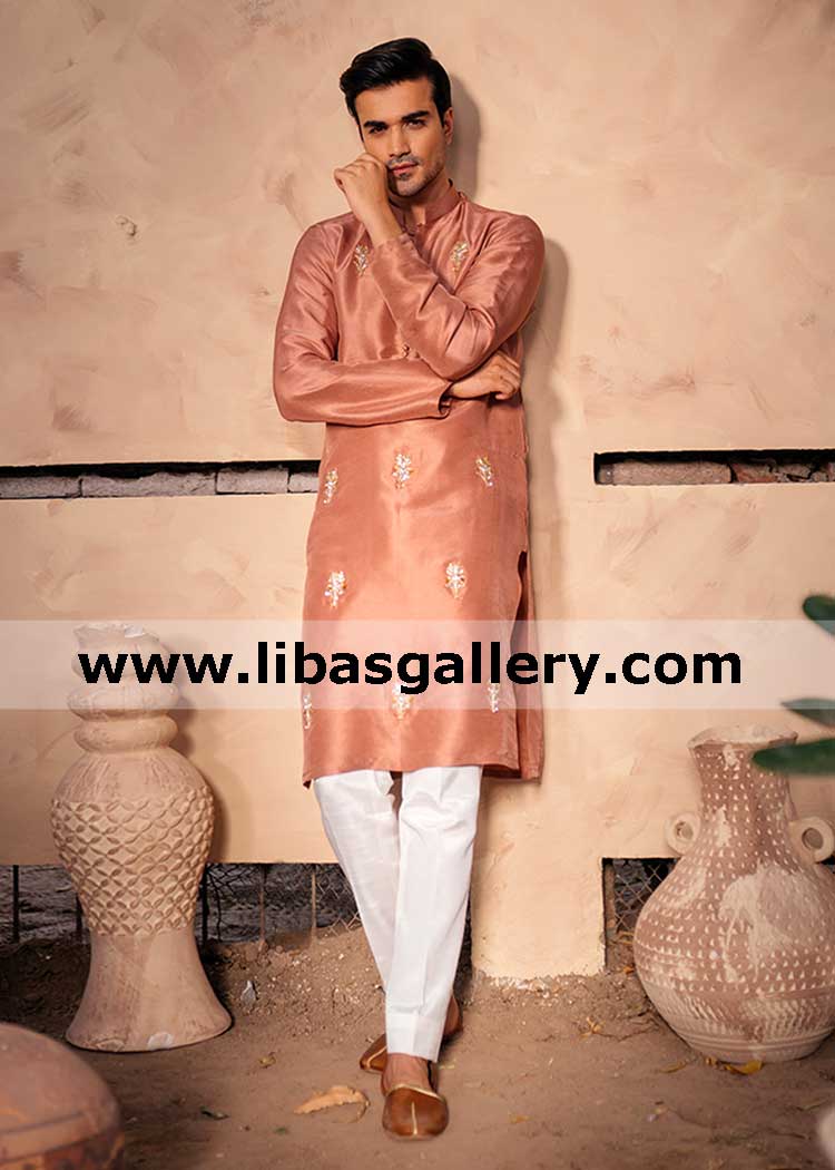 Tea pink raw silk embroidered mens kurta for summer small motifs nice managed by beads and gota work new zealand france germany