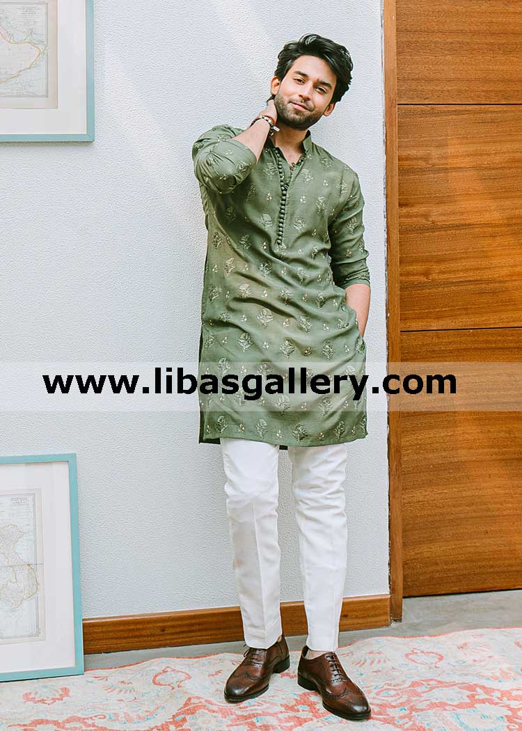 Olive Green Gents Embroidered kurta bilal abbas khan series loop buttons embroidery motifs on front sleeves italy america united kingdom