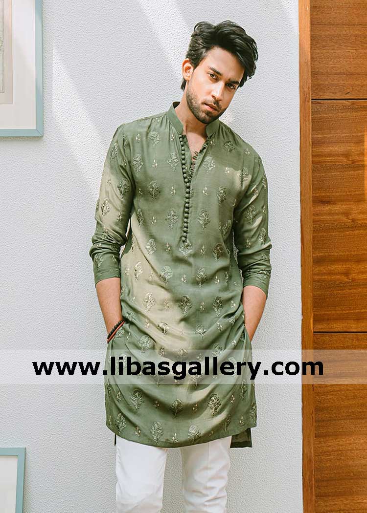 Olive Green Embroidered mens kurta with loop buttons