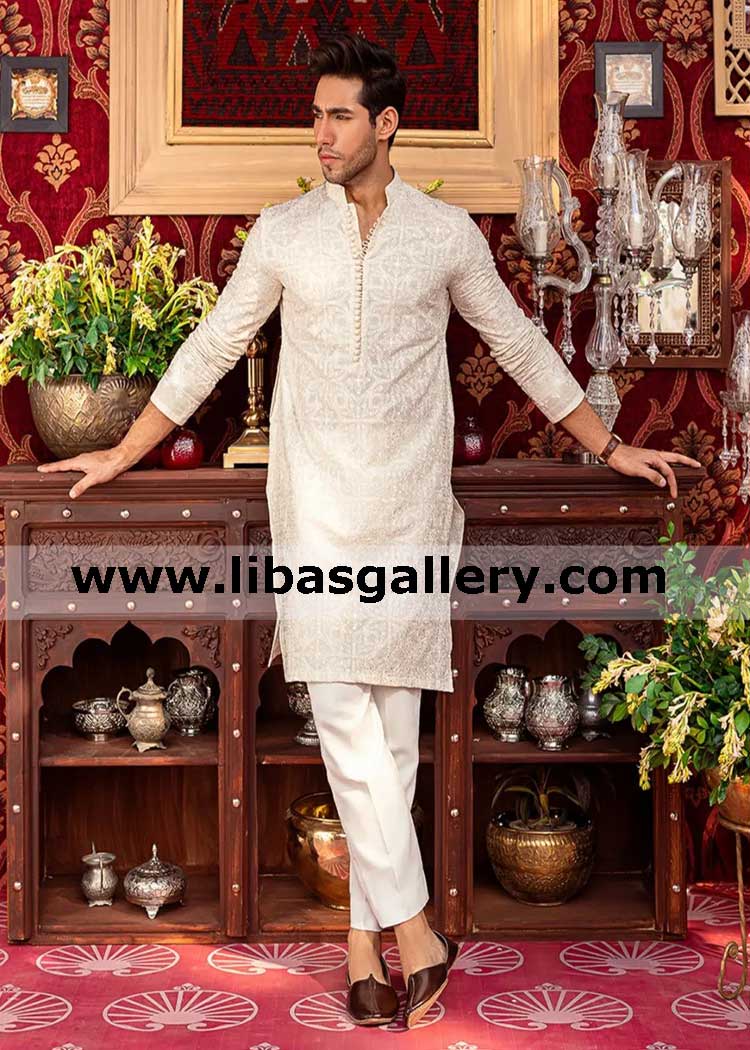 karandi high quality fabric custom made gents boys kurta Self embroidered Resham jaal beige color uk dubai saudi arabia
