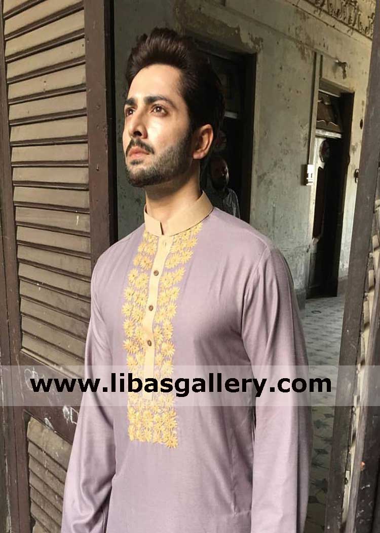 embroidered kurta with fawn collar danish taimoor wearing embroidery on front in vertical shape uk usa canada