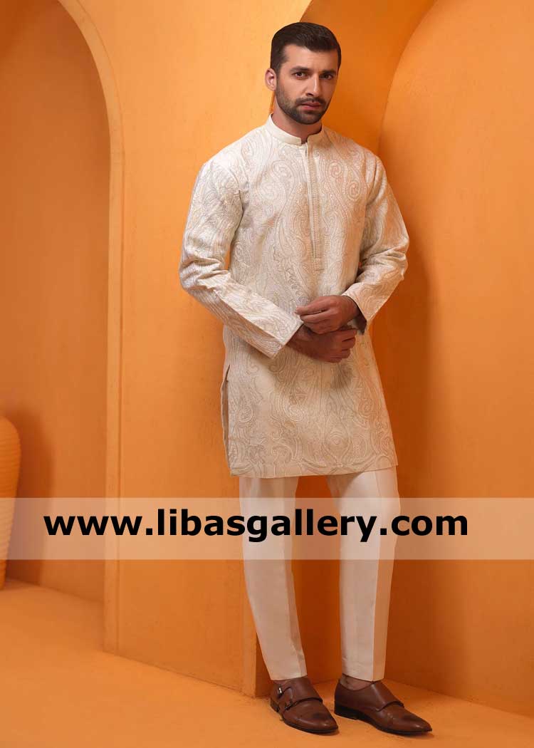 Men Kurta with beautiful heavy embroidery by thread all over along with straight trouser with pocket Philadelphia Pittsburgh USA