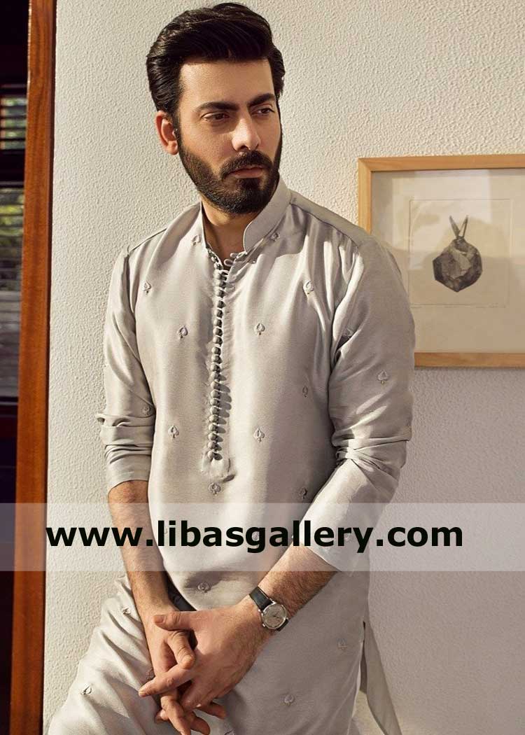 Gray Men Raw silk kurta with Loop Buttons and white Trouser fawad khan showing off for event Germany France USA