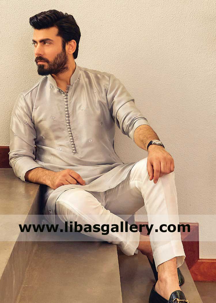 Gray Men kurta with Loop Buttons and white Trouser