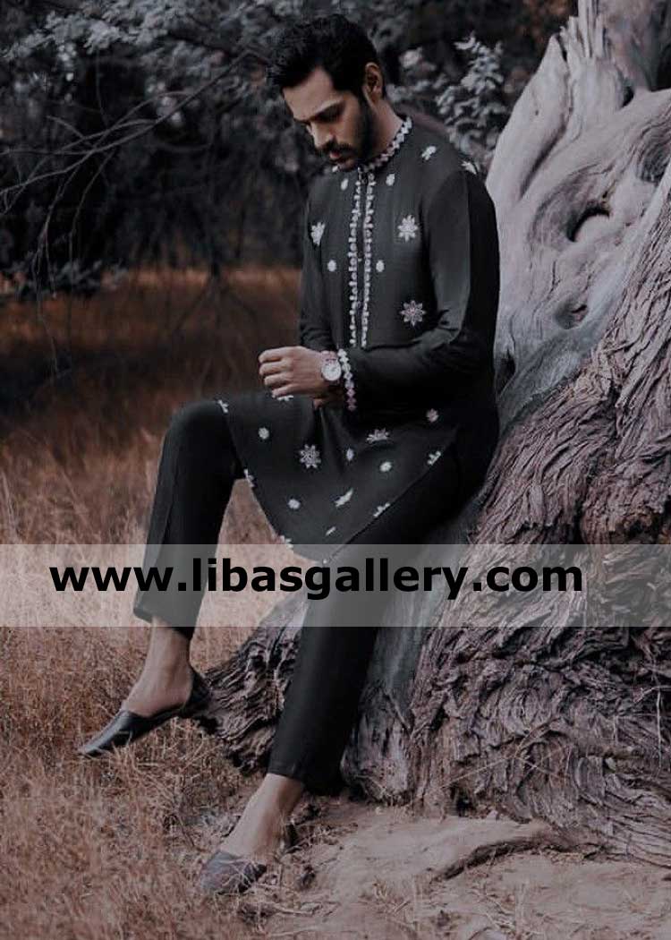 Wahaj Ali in Black Embroidered Men Kurta Pajama white thread embroidery nicely done on kurta collar front and cuff  shop online UK UAE USA 
