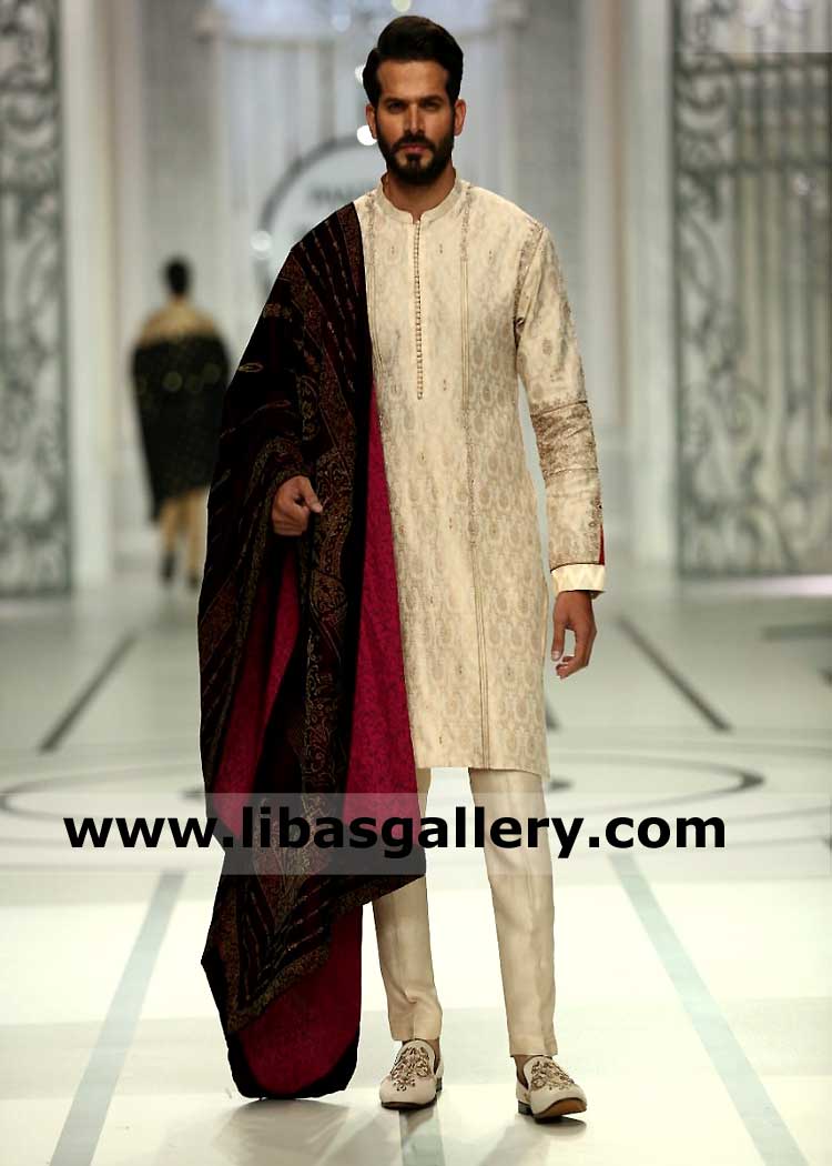 Jamawar Ivory shade Kurta Trouser Suit for Men paired with shawl to enjoy Sangeet Function with Family Dubai Canada UK USA Australia
