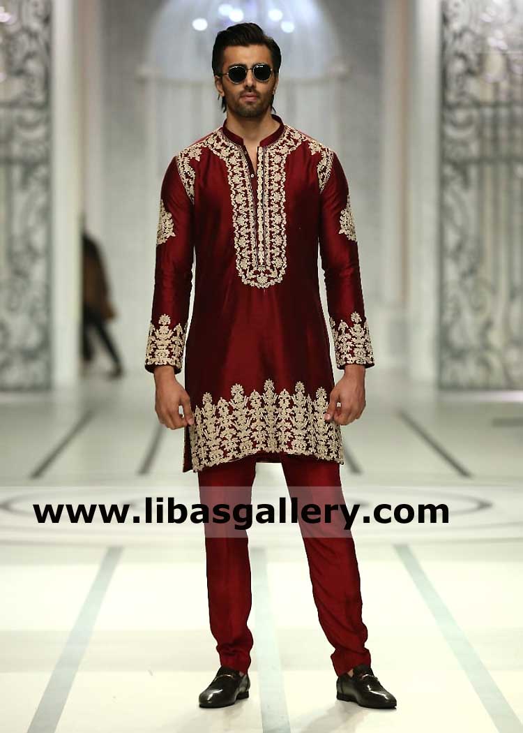 Red heavy Embroidered Raw silk Kurta with matching Trouser for Men to take part in Mehndi Night kabab paratha dinner function before Nikah Day UK USA France Germany Australia