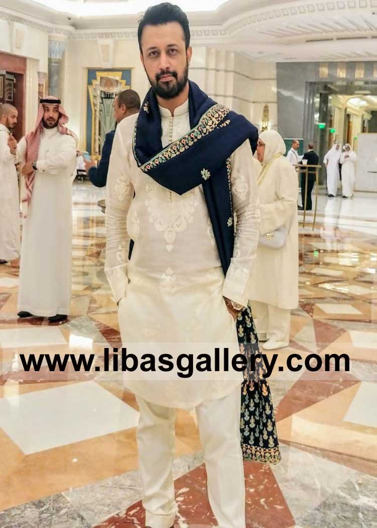 Atif Aslam in Cream Ivory color self Embroidered kurta paired with Pajama in soft wash n wear imported fabric Qatar UK France