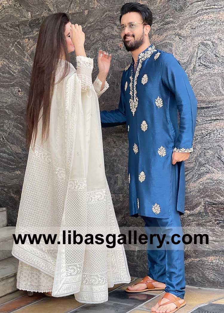 Blue Embroidered Men Kurta Pajama for Newly Wed