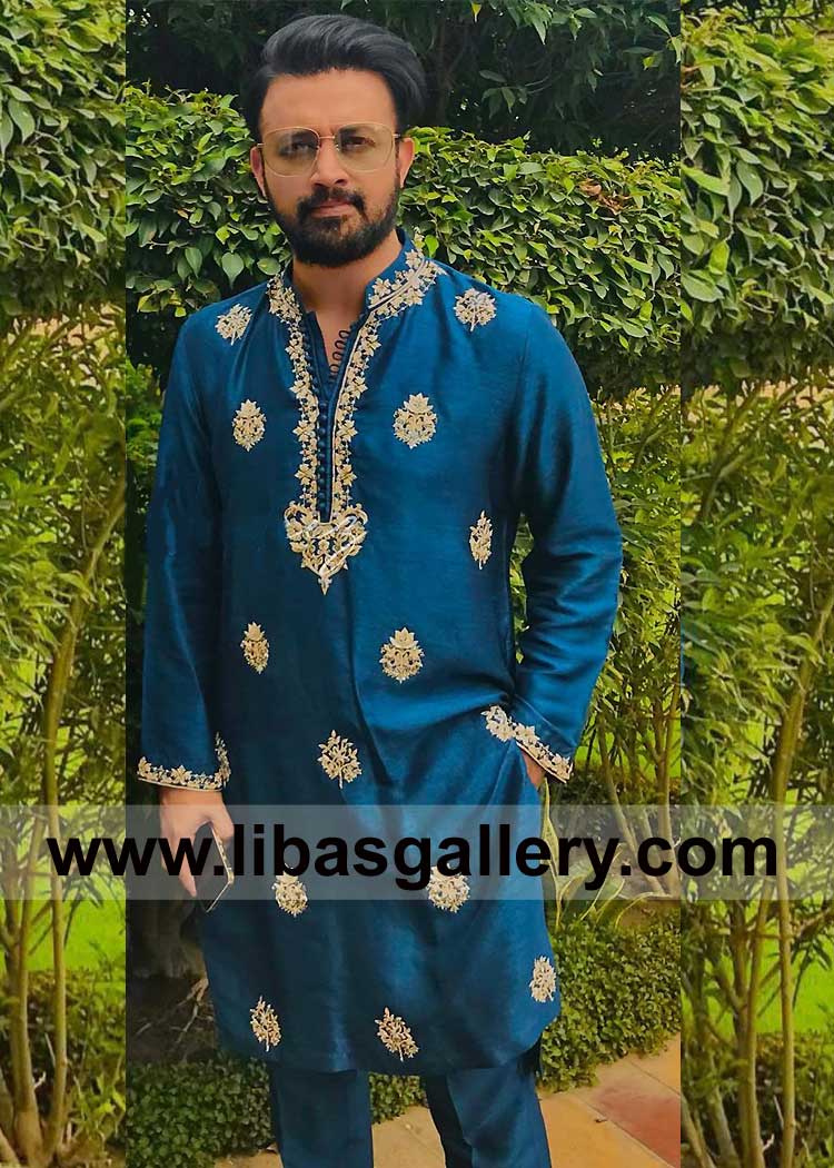 Blue Embroidered Men Kurta Pajama for Newly Wed