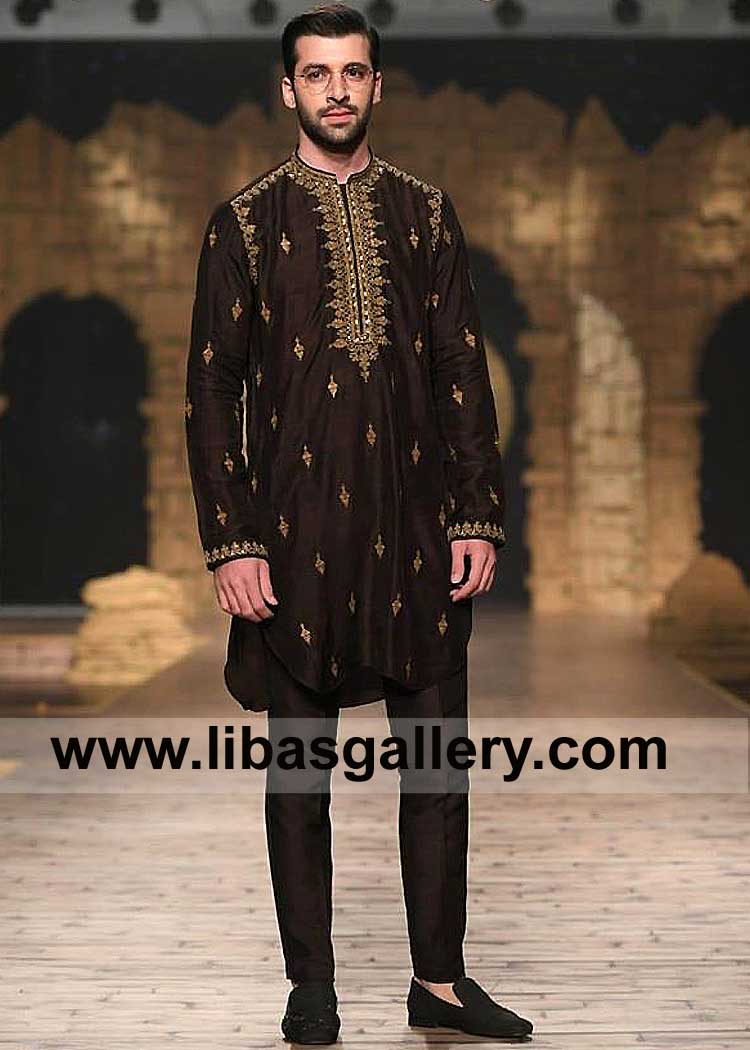 Munsif Ali khan in Livid Brown Men Kurta Pajama with gold small motifs all over front gold embroidery on collar cuff Kentucky Wisconsin Maryland USA