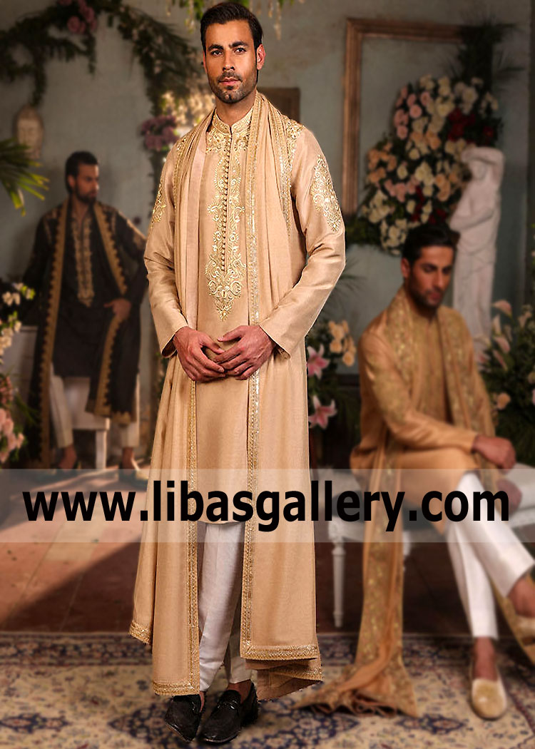 Peach Gold Men Embroidered Kurta with Loop Buttons and Gold embroidery all over front sleeves collar paired with matching Shawl UK USA Australia