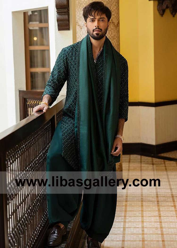 Men Emerald Green hand embellished Kurta Crafted on Luxury Karandi Fabric best outfit for Mehndi Night and Engagement Event London Washington Toronto Perth