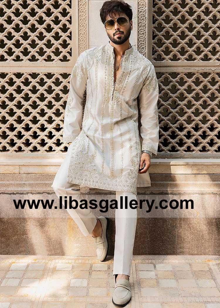 Soft Gray Pure Raw silk Hand work Men Kurta Trouser with Dabka and Cut dana paired with Raw silk Trouser and Silk Dupatta Detroit Melbourne Sheffield Toronto Dubai