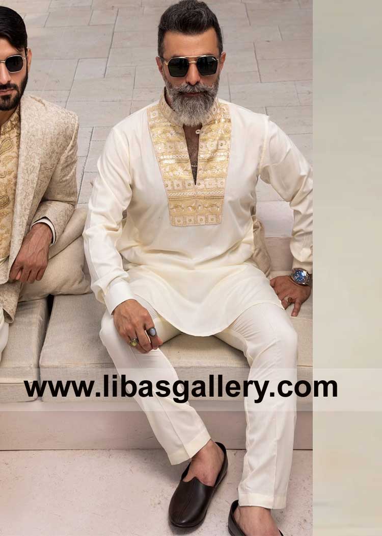 Premium Vanilla Ice Men Embroidered Kurta made in wash and wear Fabric and Gold embroidery on collar and chest Washington Texas Boston USA