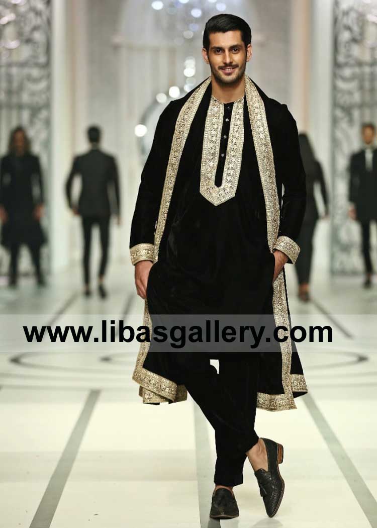 Jet Black thread embroidered Velvet men kurta Pajama for Occasion under rated decorated with white thread embroidery design Dubai Chicago Toronto