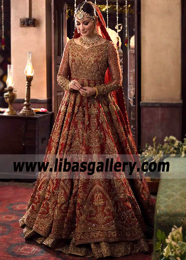 Deep Red Daisy Pishwas Bridal Dress