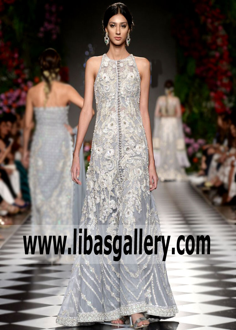 Lavender Gray Long Gown Heavily Embellished with Luxurious Placement By Faraz Manan